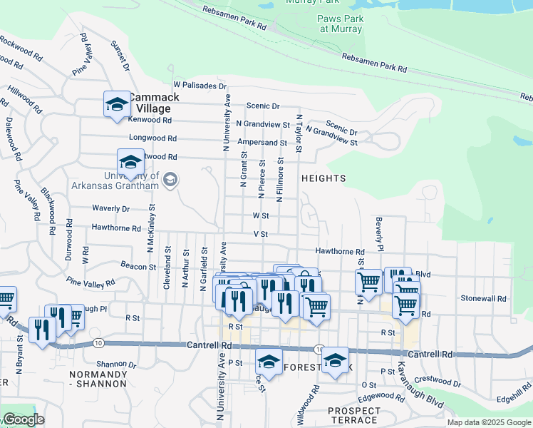 map of restaurants, bars, coffee shops, grocery stores, and more near 2422 North Pierce Street in Little Rock