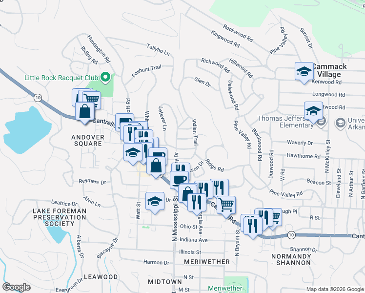 map of restaurants, bars, coffee shops, grocery stores, and more near 21 White Oak Lane in Little Rock