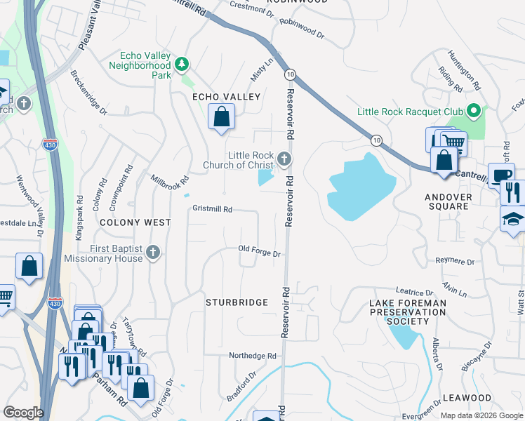 map of restaurants, bars, coffee shops, grocery stores, and more near 2622 Grist Mill Road in Little Rock