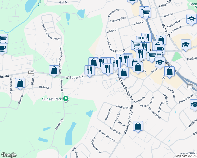 map of restaurants, bars, coffee shops, grocery stores, and more near 427 West Butler Road in Mauldin
