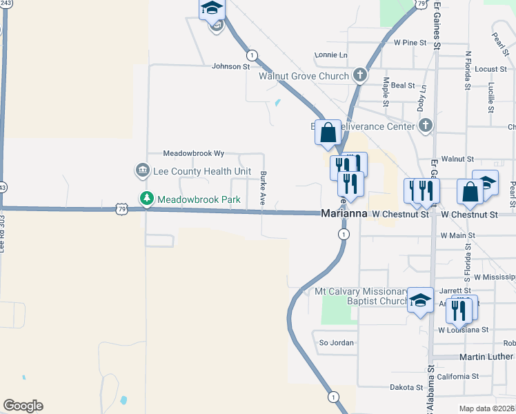 map of restaurants, bars, coffee shops, grocery stores, and more near 528 West Chestnut Street in Marianna