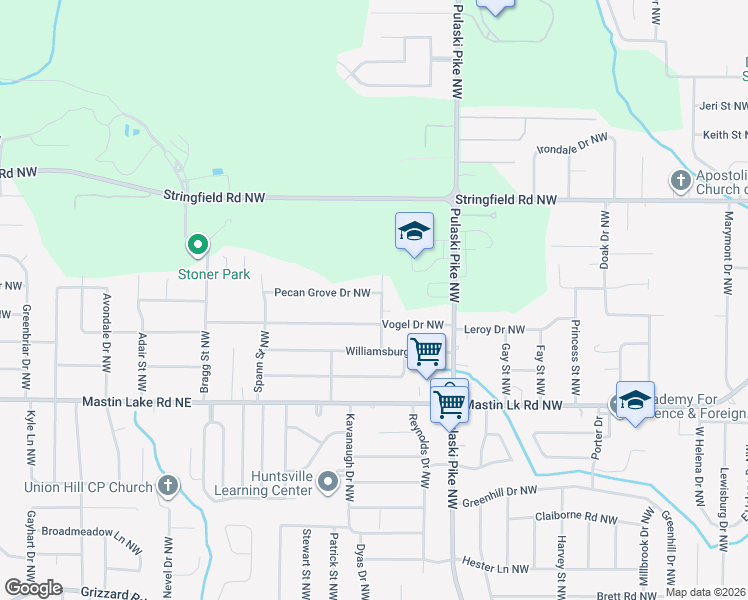 map of restaurants, bars, coffee shops, grocery stores, and more near 3701 Pecan Grove Drive Northwest in Huntsville