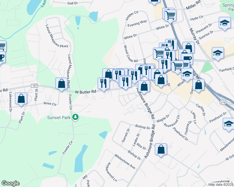 map of restaurants, bars, coffee shops, grocery stores, and more near 427 W Butler Rd in Mauldin