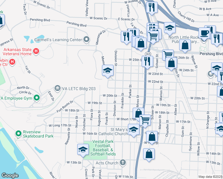 map of restaurants, bars, coffee shops, grocery stores, and more near 1404 West 21st Street in North Little Rock