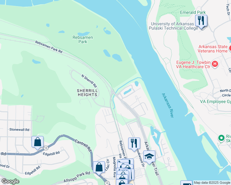 map of restaurants, bars, coffee shops, grocery stores, and more near 2501 Riverfront Drive in Little Rock