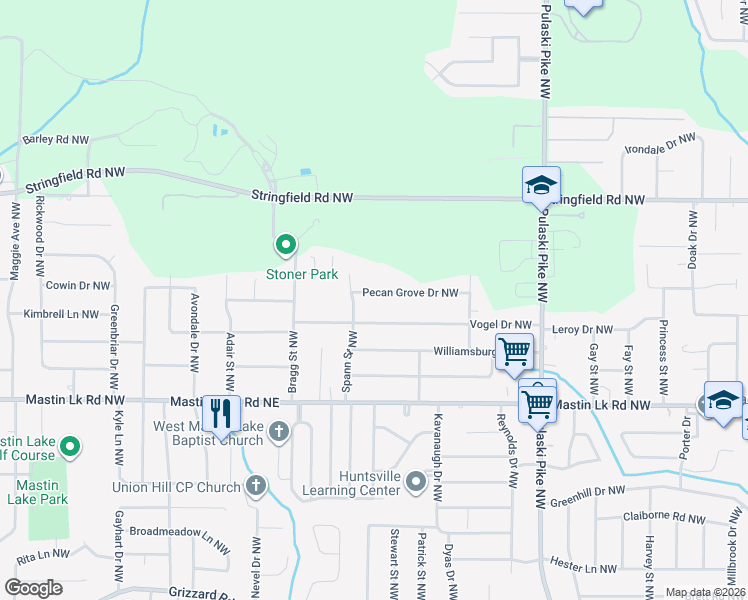 map of restaurants, bars, coffee shops, grocery stores, and more near 3729 Pecan Grove Drive Northwest in Huntsville