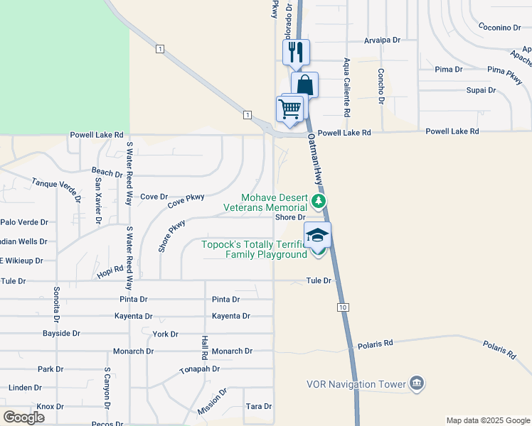 map of restaurants, bars, coffee shops, grocery stores, and more near 4994 E Shore Dr in Mohave