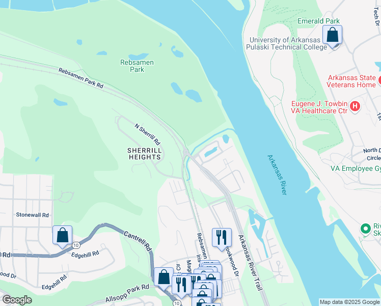 map of restaurants, bars, coffee shops, grocery stores, and more near 2501 Riverfront Drive in Little Rock
