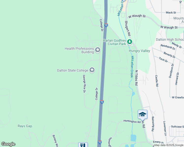 map of restaurants, bars, coffee shops, grocery stores, and more near 650 College Drive in Dalton