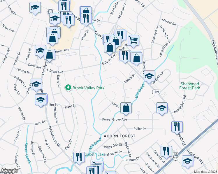 map of restaurants, bars, coffee shops, grocery stores, and more near 131 Greenford Place in Jacksonville