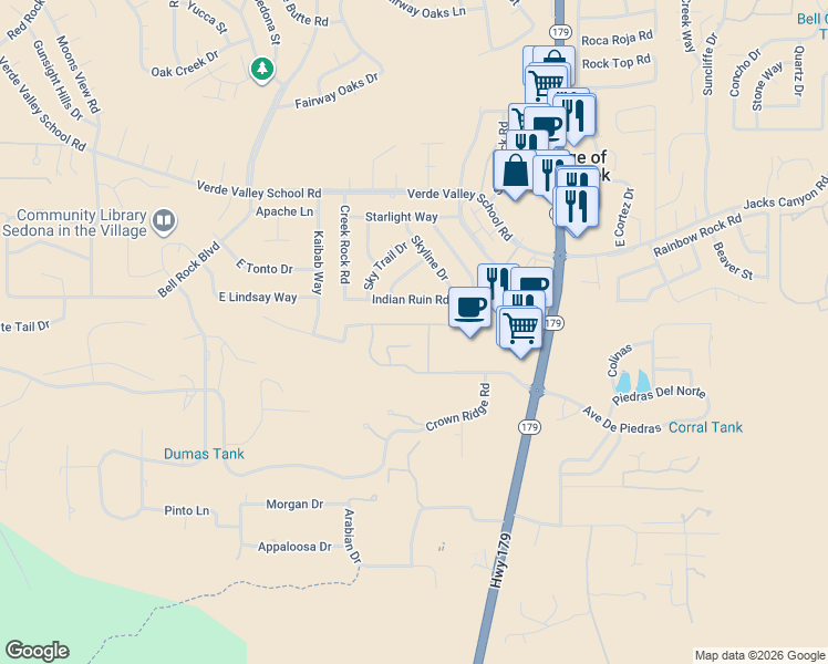 map of restaurants, bars, coffee shops, grocery stores, and more near 71 Ridge Rock Road in Sedona