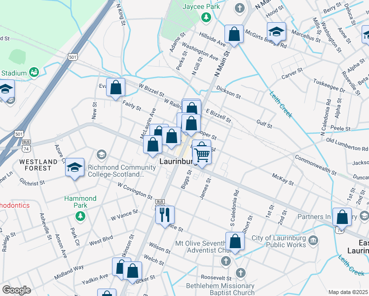 map of restaurants, bars, coffee shops, grocery stores, and more near 322 South Main Street in Laurinburg