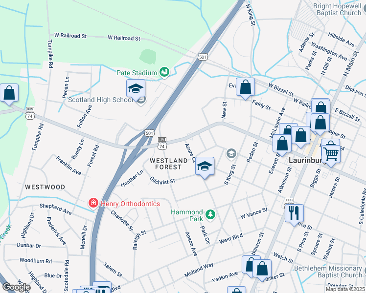 map of restaurants, bars, coffee shops, grocery stores, and more near 1005 West Church Street in Laurinburg