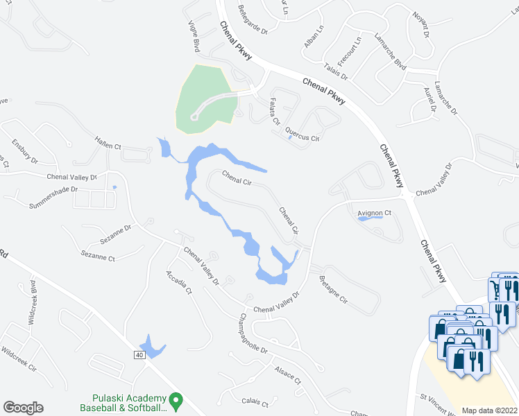 map of restaurants, bars, coffee shops, grocery stores, and more near 56 Chenal Circle in Little Rock