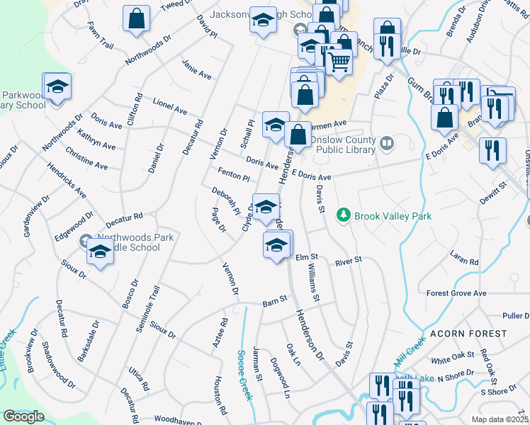 map of restaurants, bars, coffee shops, grocery stores, and more near 775 Henderson Drive in Jacksonville