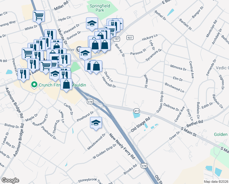 map of restaurants, bars, coffee shops, grocery stores, and more near 400 Bon Air Street in Mauldin