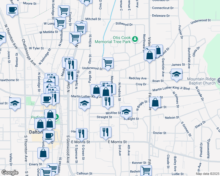 map of restaurants, bars, coffee shops, grocery stores, and more near 306 Rowena Street in Dalton