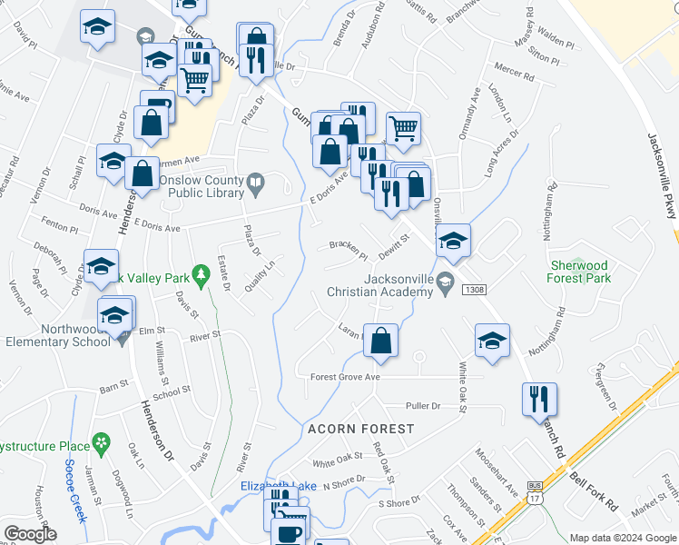 map of restaurants, bars, coffee shops, grocery stores, and more near 119 Greenford Place in Jacksonville