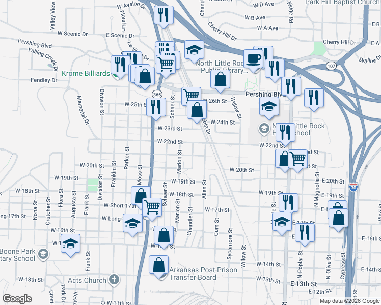 map of restaurants, bars, coffee shops, grocery stores, and more near 2019 Chandler Street in North Little Rock