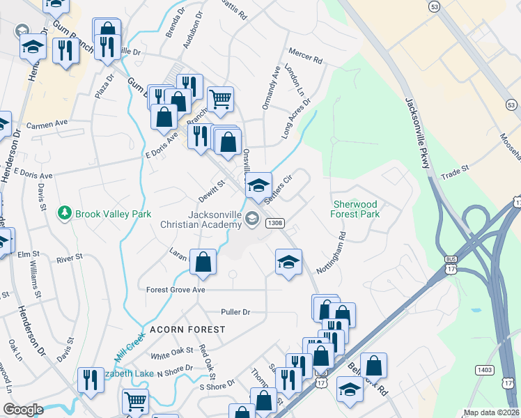map of restaurants, bars, coffee shops, grocery stores, and more near 919 Gum Branch Road in Jacksonville