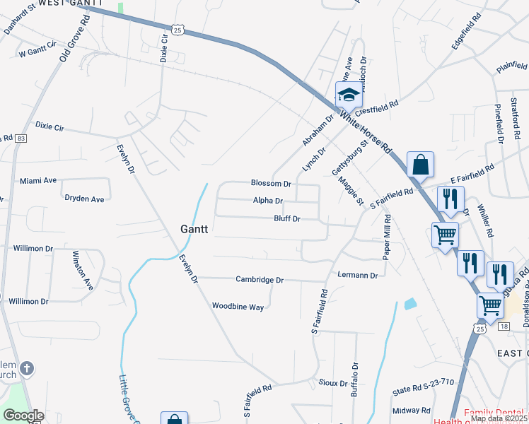 map of restaurants, bars, coffee shops, grocery stores, and more near 209 Bluff Drive in Greenville