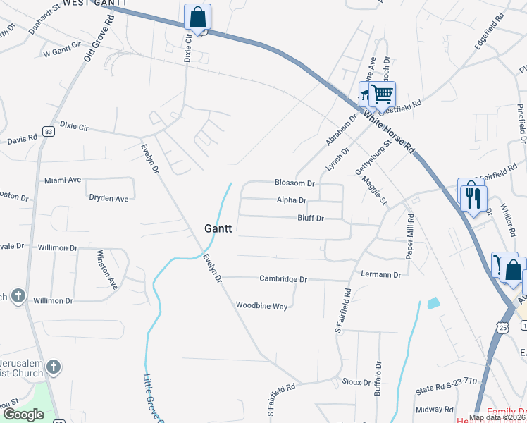 map of restaurants, bars, coffee shops, grocery stores, and more near 221 Bluff Drive in Greenville