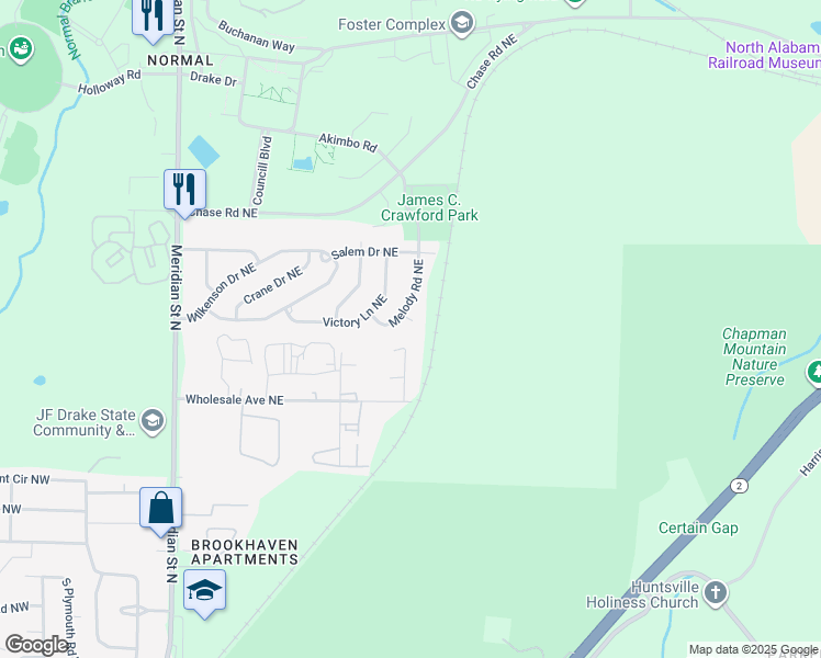map of restaurants, bars, coffee shops, grocery stores, and more near 3705 Wholesale Circle Northeast in Huntsville