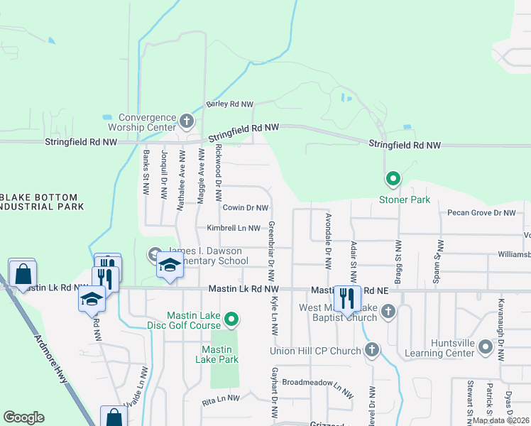 map of restaurants, bars, coffee shops, grocery stores, and more near 6002 Kimbrell Lane Northwest in Huntsville