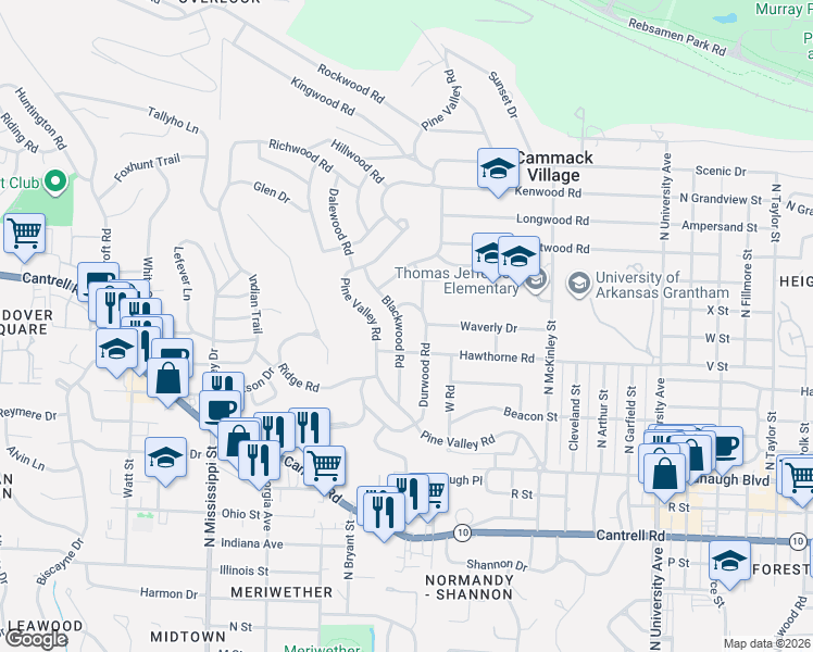 map of restaurants, bars, coffee shops, grocery stores, and more near 2401 Blackwood Road in Little Rock
