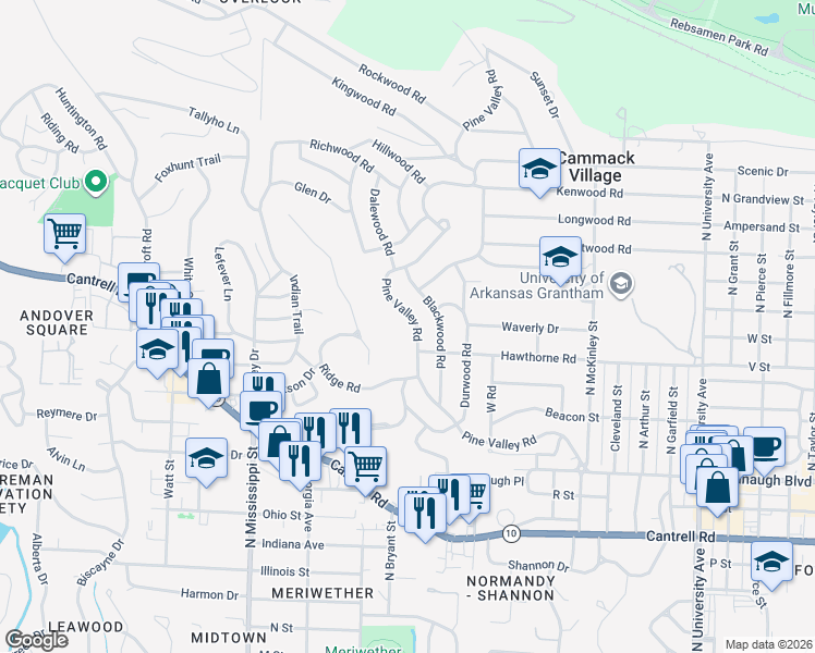map of restaurants, bars, coffee shops, grocery stores, and more near 1000 Pine Valley Road in Little Rock