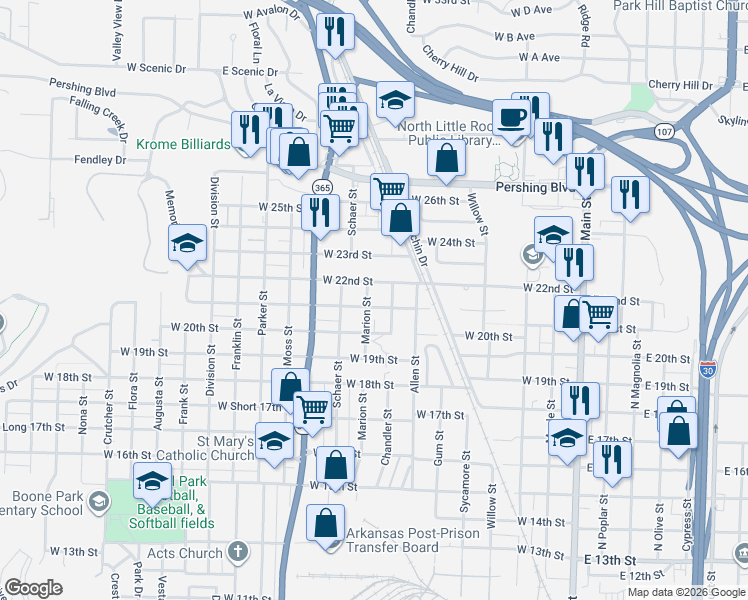 map of restaurants, bars, coffee shops, grocery stores, and more near 2019 Chandler Street in North Little Rock