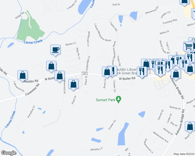 map of restaurants, bars, coffee shops, grocery stores, and more near 935 West Butler Road in Greenville