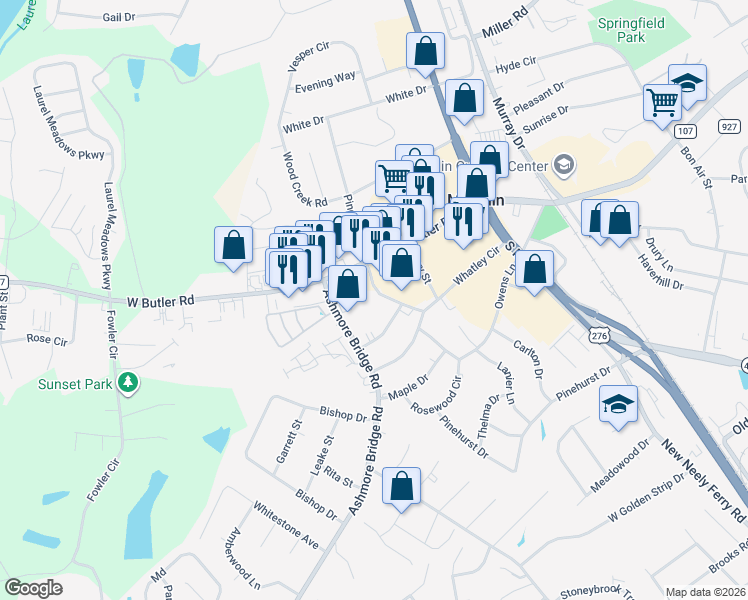 map of restaurants, bars, coffee shops, grocery stores, and more near 306 Woodland Drive in Mauldin