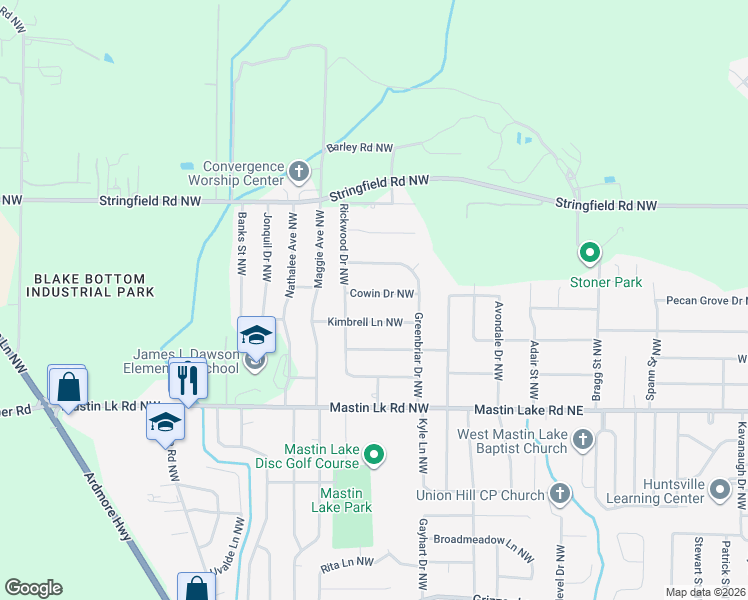 map of restaurants, bars, coffee shops, grocery stores, and more near 6012 Cowin Drive Northwest in Huntsville