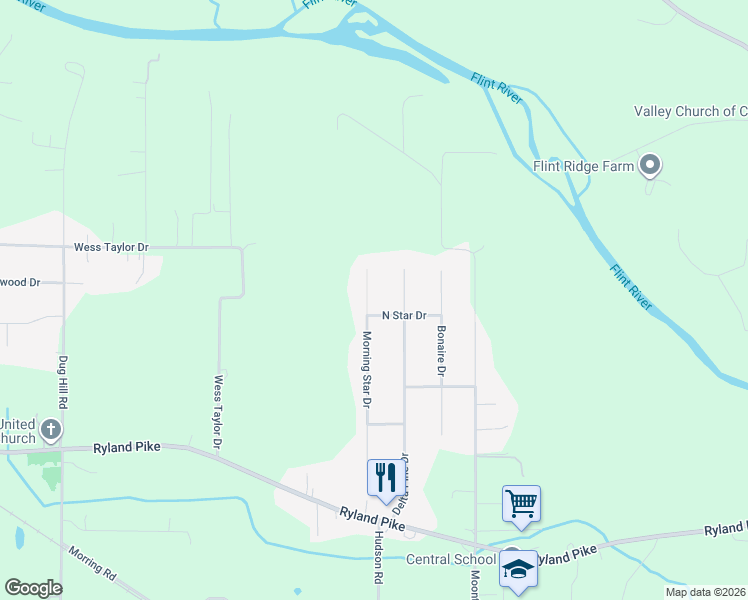 map of restaurants, bars, coffee shops, grocery stores, and more near 256 Morning Star Drive in Huntsville