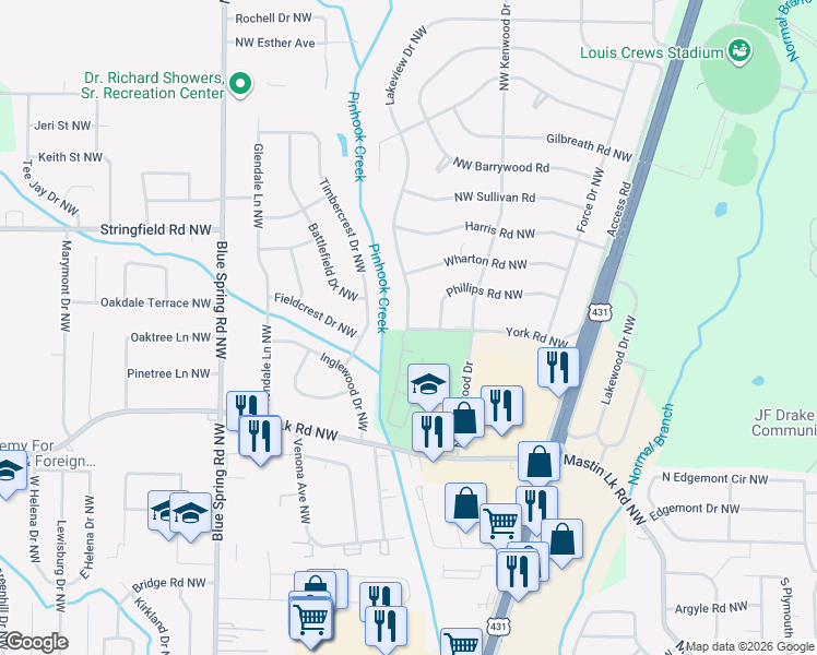 map of restaurants, bars, coffee shops, grocery stores, and more near 3704 Lakeview Drive Northwest in Huntsville
