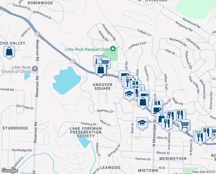map of restaurants, bars, coffee shops, grocery stores, and more near 2601 Andover Court in Little Rock