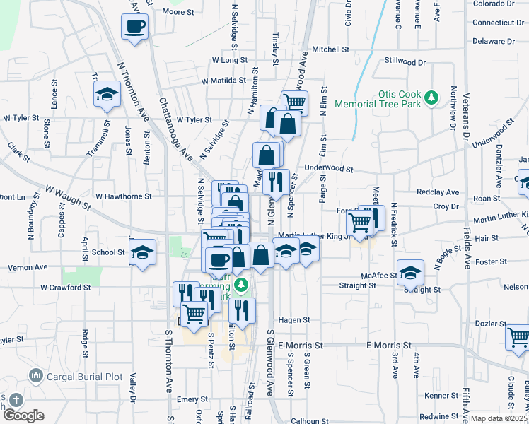 map of restaurants, bars, coffee shops, grocery stores, and more near 313 North Glenwood Avenue in Dalton