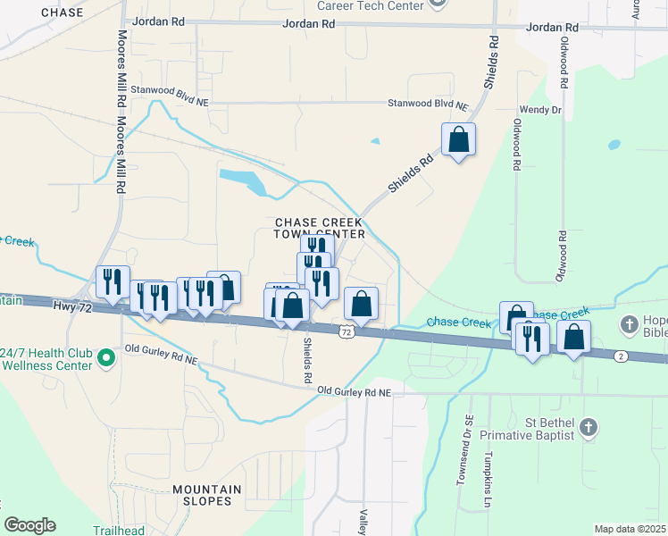 map of restaurants, bars, coffee shops, grocery stores, and more near 46 Shields Road in Huntsville