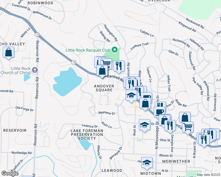 map of restaurants, bars, coffee shops, grocery stores, and more near in Little Rock