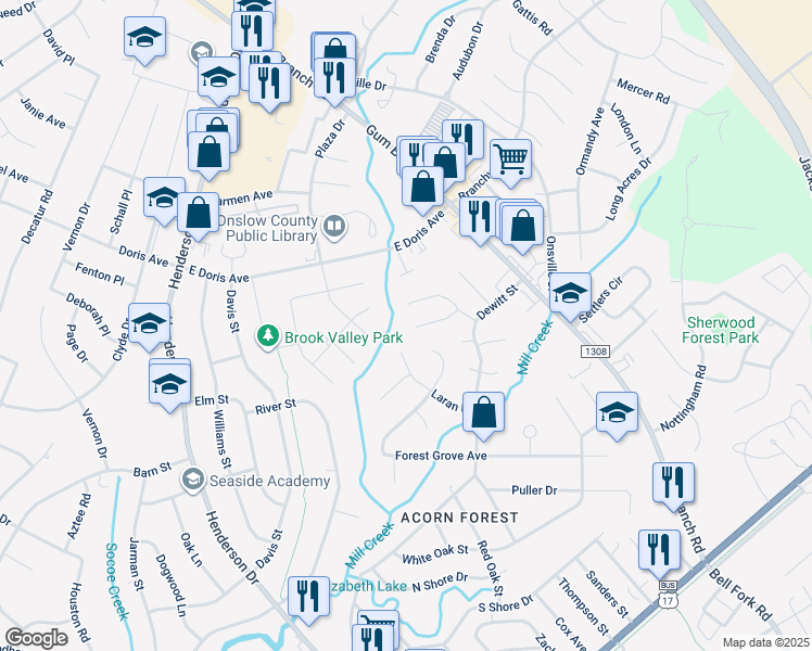 map of restaurants, bars, coffee shops, grocery stores, and more near 132 Greenford Place in Jacksonville
