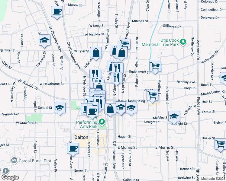 map of restaurants, bars, coffee shops, grocery stores, and more near 313 North Glenwood Avenue in Dalton