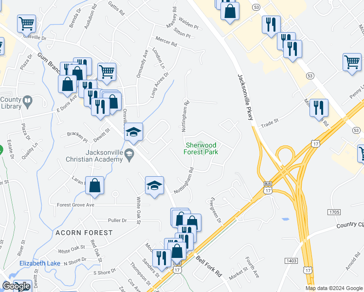 map of restaurants, bars, coffee shops, grocery stores, and more near 213 Nottingham Road in Jacksonville