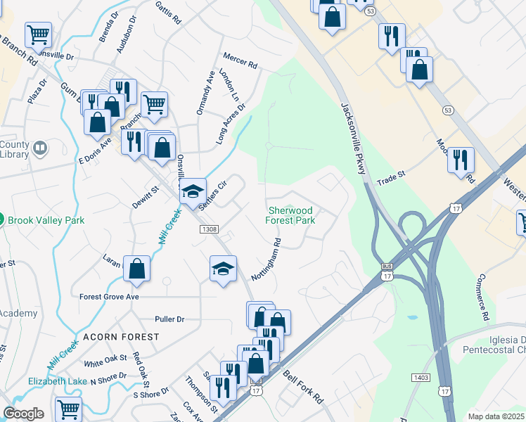 map of restaurants, bars, coffee shops, grocery stores, and more near 213 Nottingham Road in Jacksonville