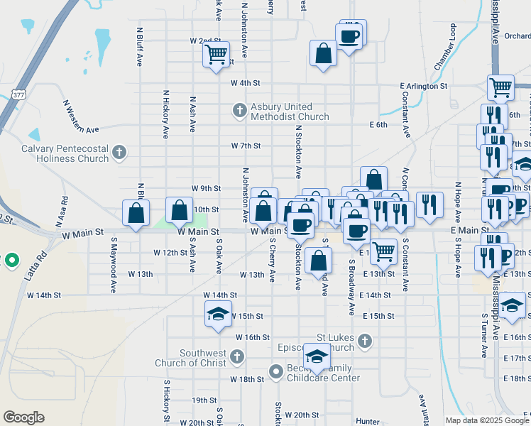 map of restaurants, bars, coffee shops, grocery stores, and more near 229 North Cherry Avenue in Ada
