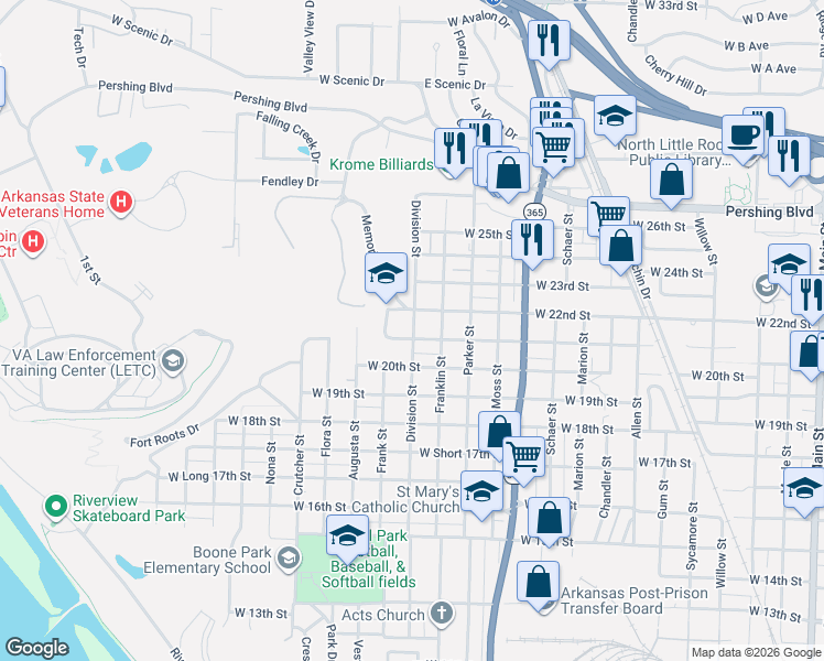 map of restaurants, bars, coffee shops, grocery stores, and more near 1400 West 22nd Street in North Little Rock
