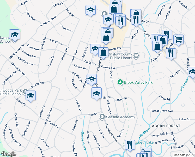 map of restaurants, bars, coffee shops, grocery stores, and more near 722 Henderson Drive in Jacksonville