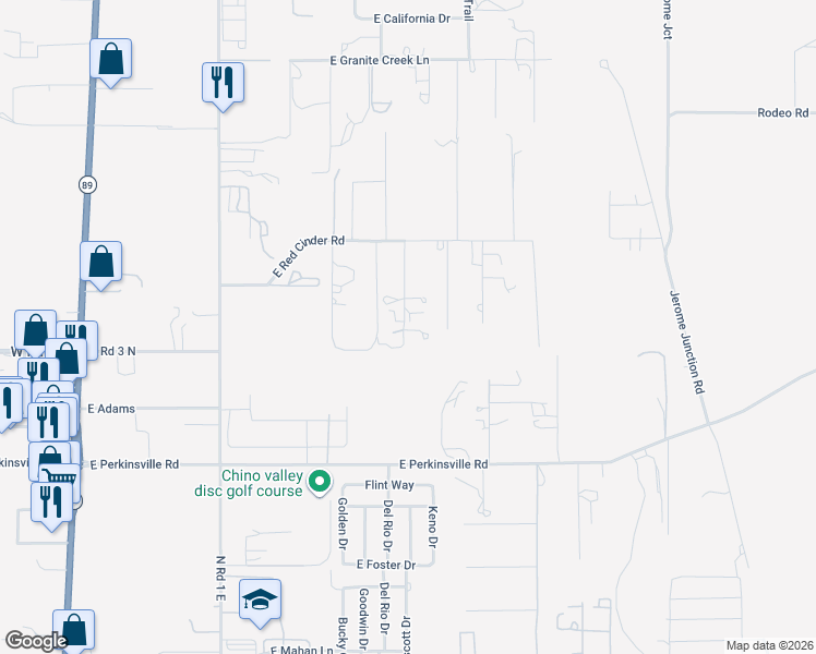 map of restaurants, bars, coffee shops, grocery stores, and more near 2000-2198 North Branding Iron Lane in Chino Valley