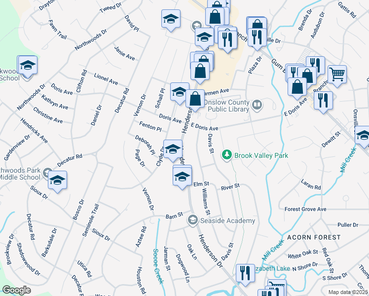 map of restaurants, bars, coffee shops, grocery stores, and more near 722 Henderson Drive in Jacksonville
