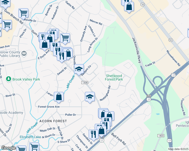 map of restaurants, bars, coffee shops, grocery stores, and more near 902 Gum Branch Road in Jacksonville